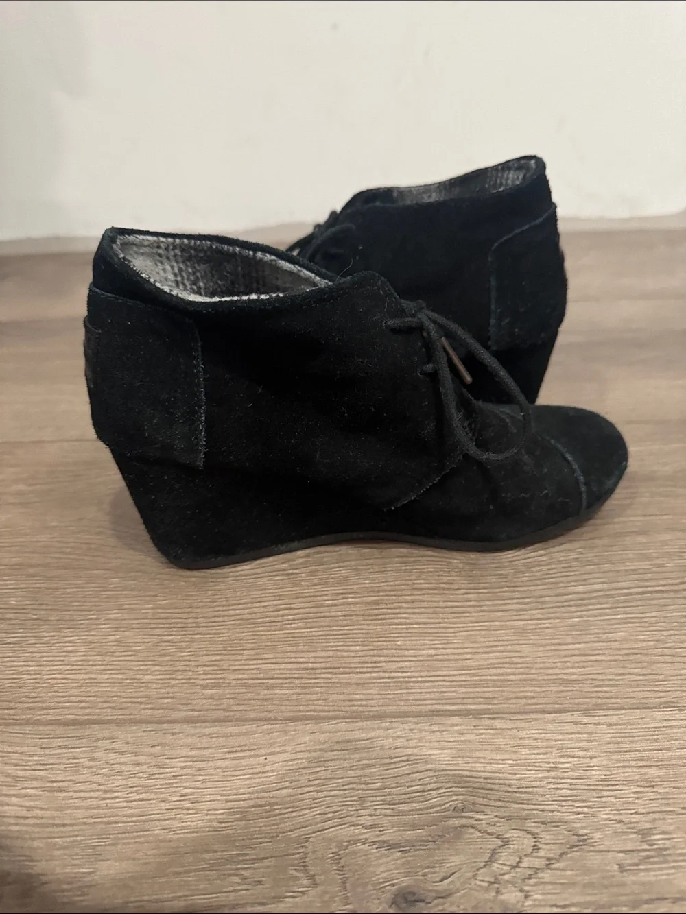Toms Black Suede Lace-Up Wedge Booties